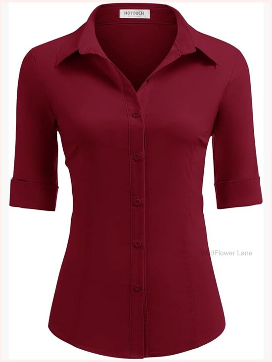 Tops - 3/4 Sleeve Button Down Shirt Stretch Fit Blouse Top